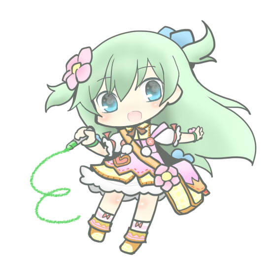 bag, blue_eyes, chibi, crayon, dress, emil_chronicle_online, flower, green_hair