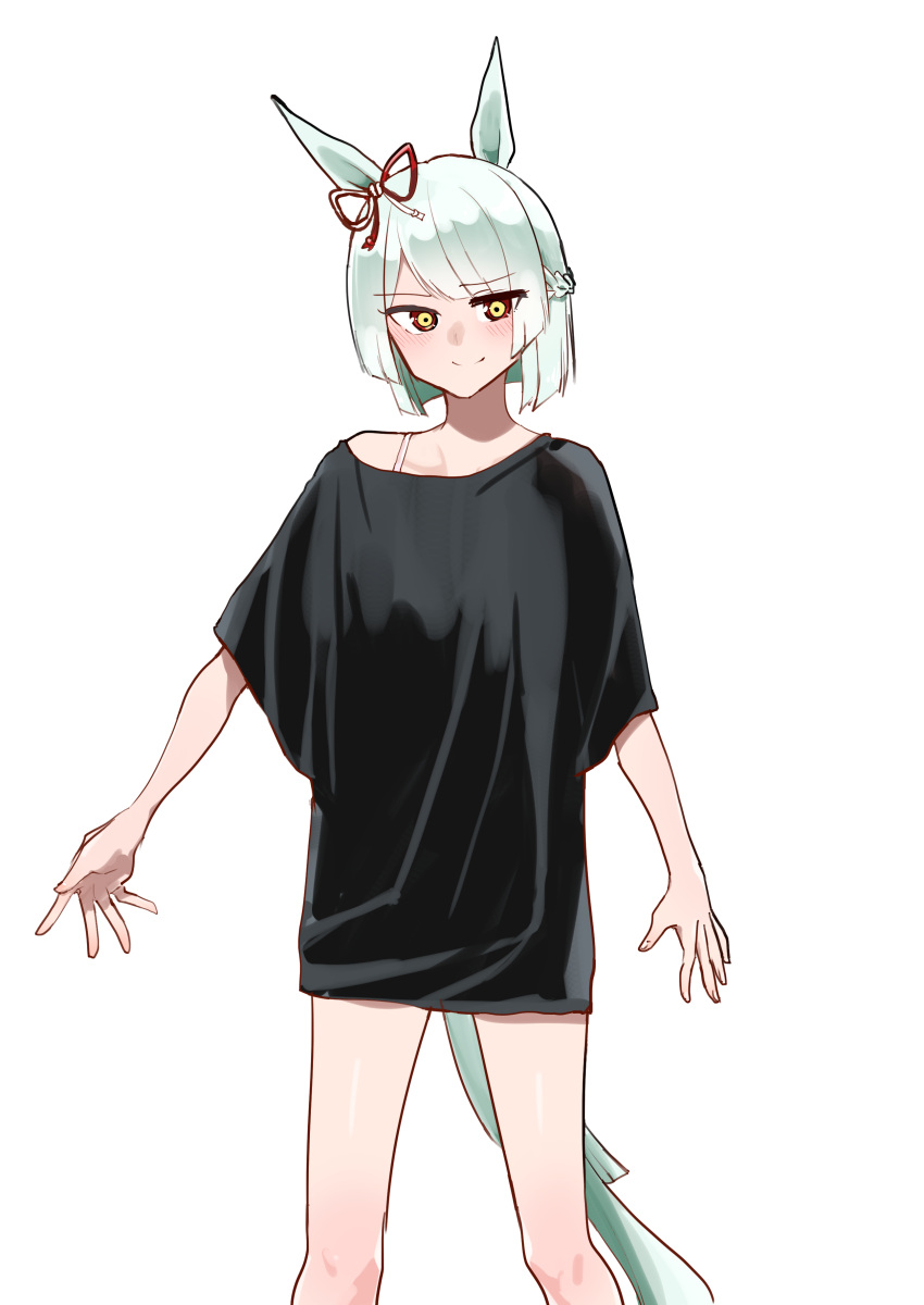 1girl, absurdres, animal_ears, black_shirt, blush, bow, bra_strap, braid