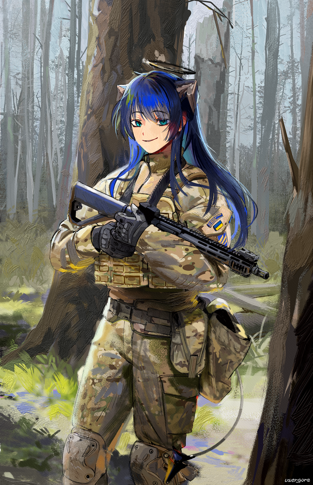 1girl, 3rd_assault_brigade, ar-15, arknights, artist_name, black_halo, blue_hair, bulletproof_vest, camouflage, camouflage_jacket, camouflage_pants, commentary, english_commentary, gloves, grass, gun, halo, highres, holding, holding_gun, holding_weapon, horns, hugging_object, jacket, knee_pads, long_hair, looking_to_the_side, military, military_combat_uniform, military_uniform, mostima_(arknights), pants, rifle, russo-ukrainian_war, slit_pupils, soldier, tactical_clothes, tree, ukraine, ukrainian_flag, unit_patch, usergore, war, weapon, wolfsangel, zipper