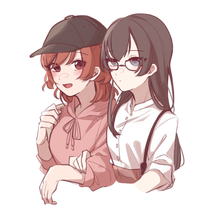 2girls, aijou_karen, baseball_cap, bespectacled, black_hair, black_hat, blue_eyes, blush