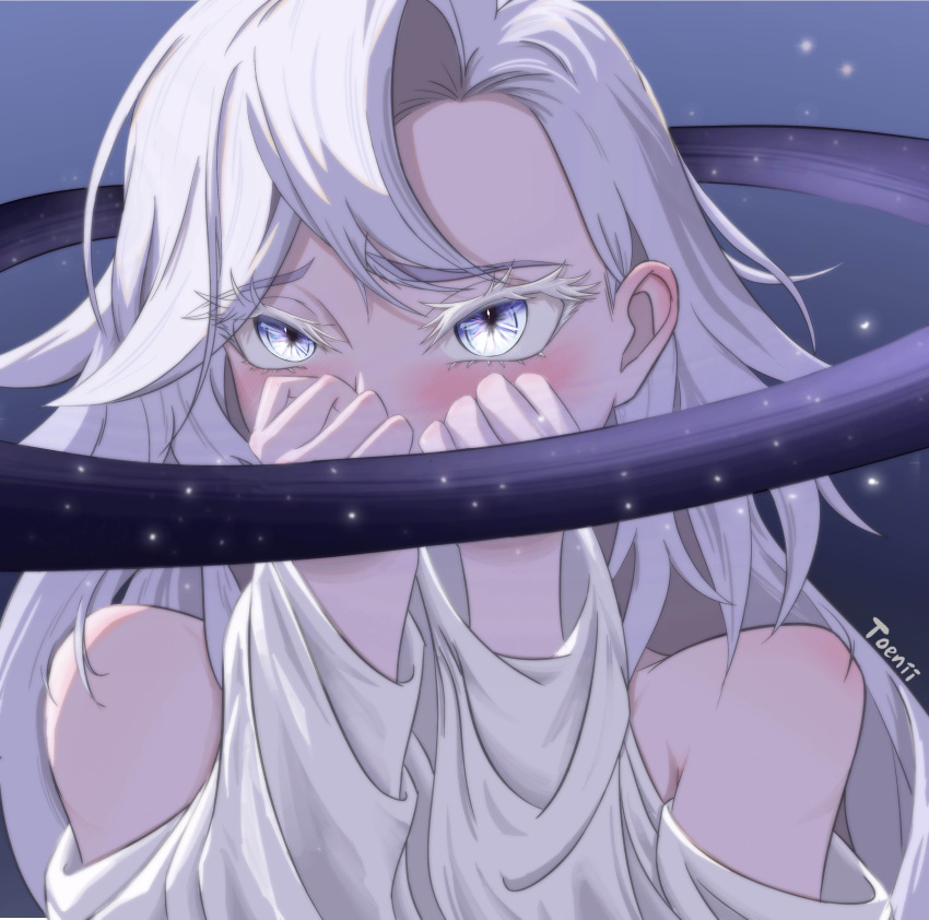 1girl, absurdres, artist_name, blush, celenova, clothing_cutout, colored_eyelashes, embarrassed, floating_headgear, grey_eyes, headgear, highres, honkai:_star_rail, honkai_(series), long_hair, long_sleeves, planetary_ring, shoulder_cutout, solo, toeniichan, upper_body, white_hair