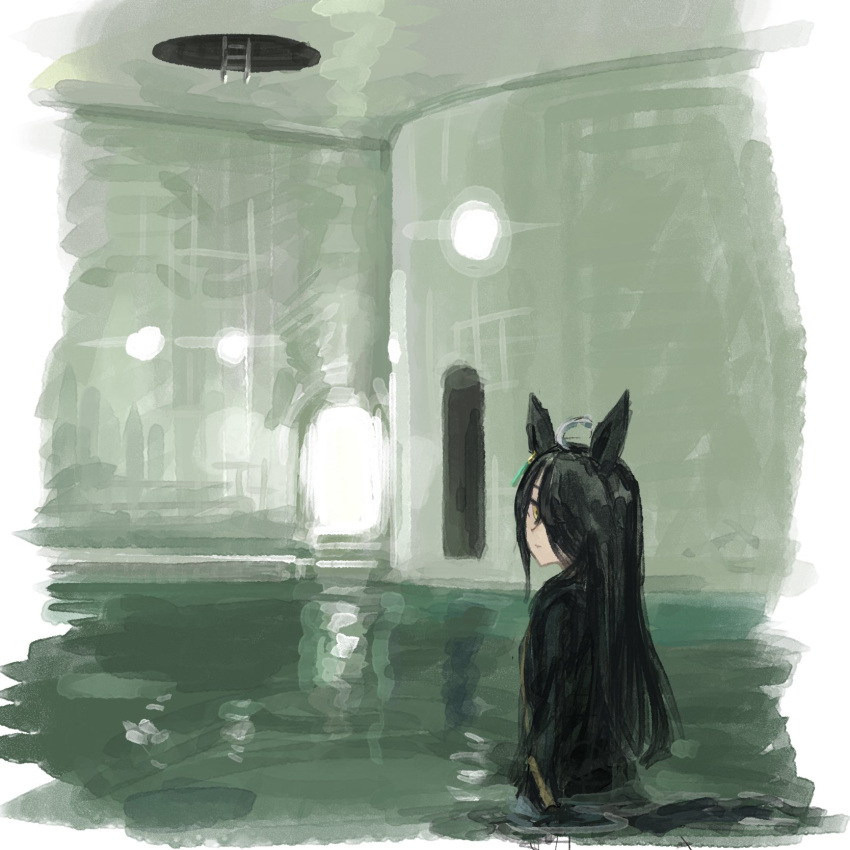 1girl, 4me_4ma, ahoge, animal_ears, backrooms_(creepypasta), black_coat, closed_mouth, coat
