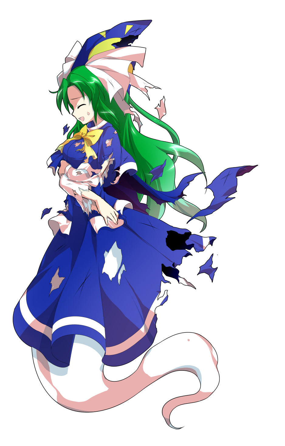 1girl, alphes_(style), blue_capelet, blue_dress, blue_hat, bow, bowtie, breasts