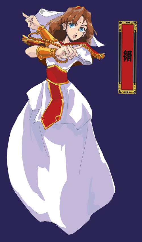 bad_id, bindi, blue_eyes, brown_hair, character_name, dress, kinu_(tengai_makyou), long_hair, pointing, sappitsu, solo, tengai_makyou, tengai_makyou_ii:_manjimaru, veil, wrist_cuffs