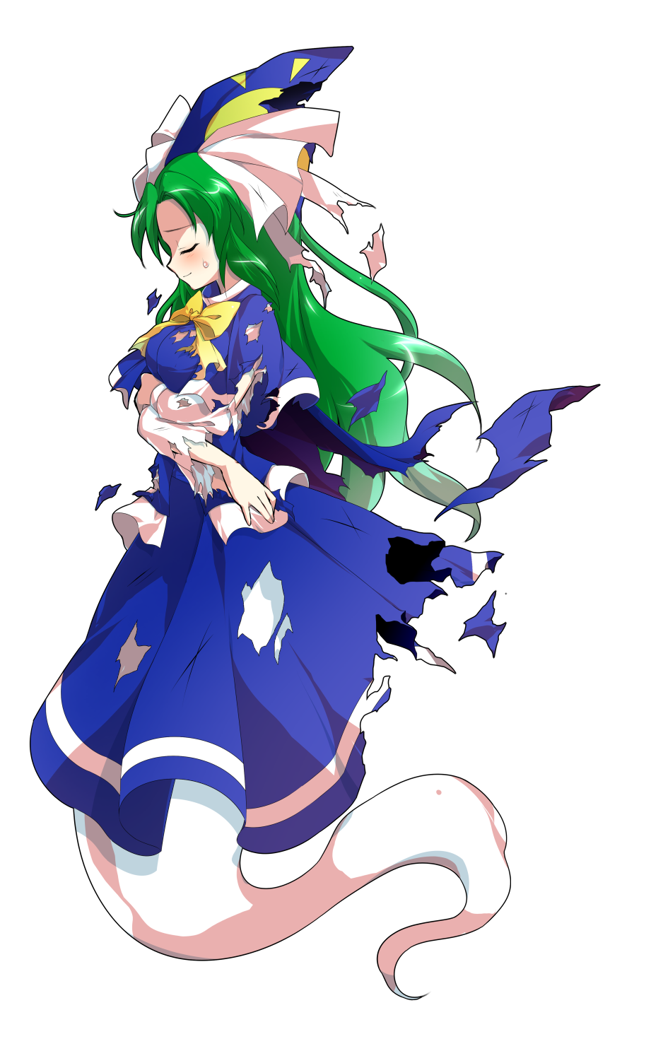 1girl, alphes_(style), blue_capelet, blue_dress, blue_hat, bow, bowtie, breasts