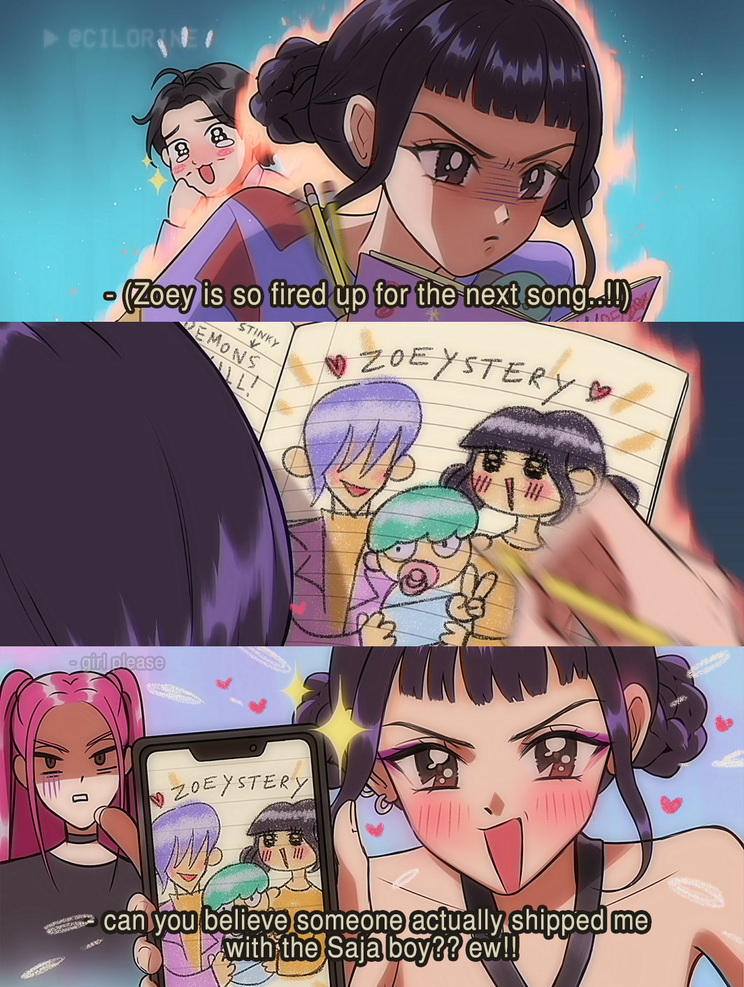 2boys, 2girls, baby, black_hair, bobby_(kpop_demon_hunters), cilorine, drawing_(object), earrings