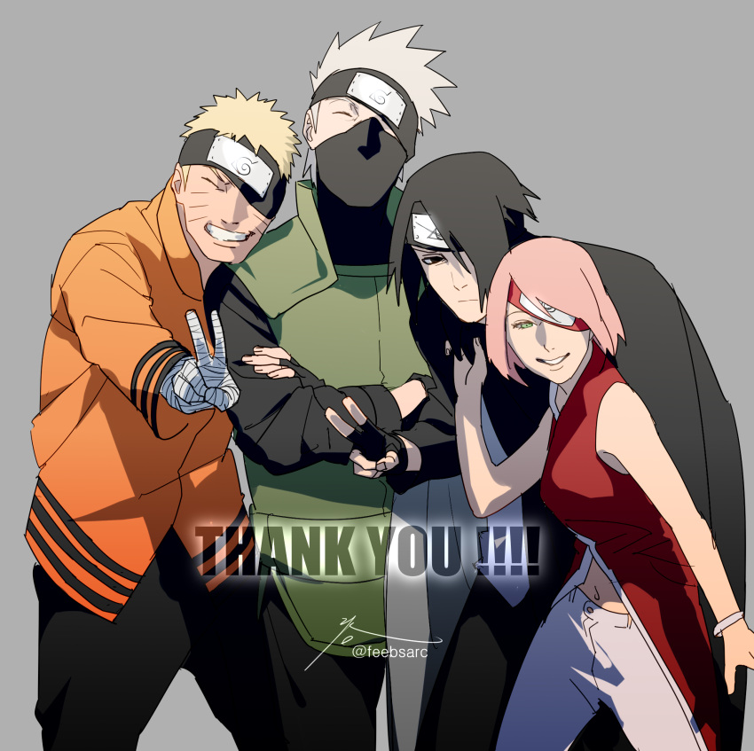 1girl, 3boys, bandaged_arm, bandages, black_eyes, black_gloves, black_hair, black_shirt
