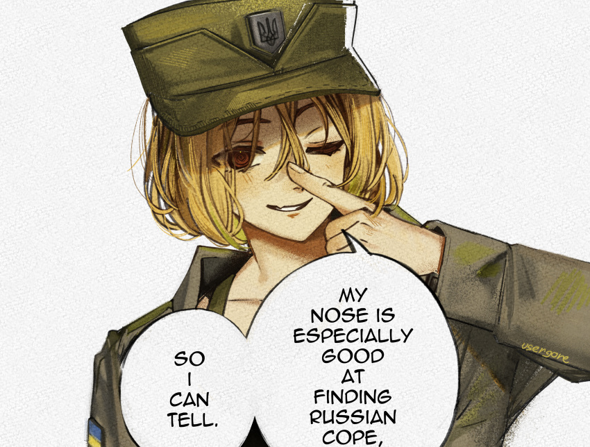 1girl, absurdres, azov_battalion, blonde_hair, brown_eyes, english_text, fang, green_jacket