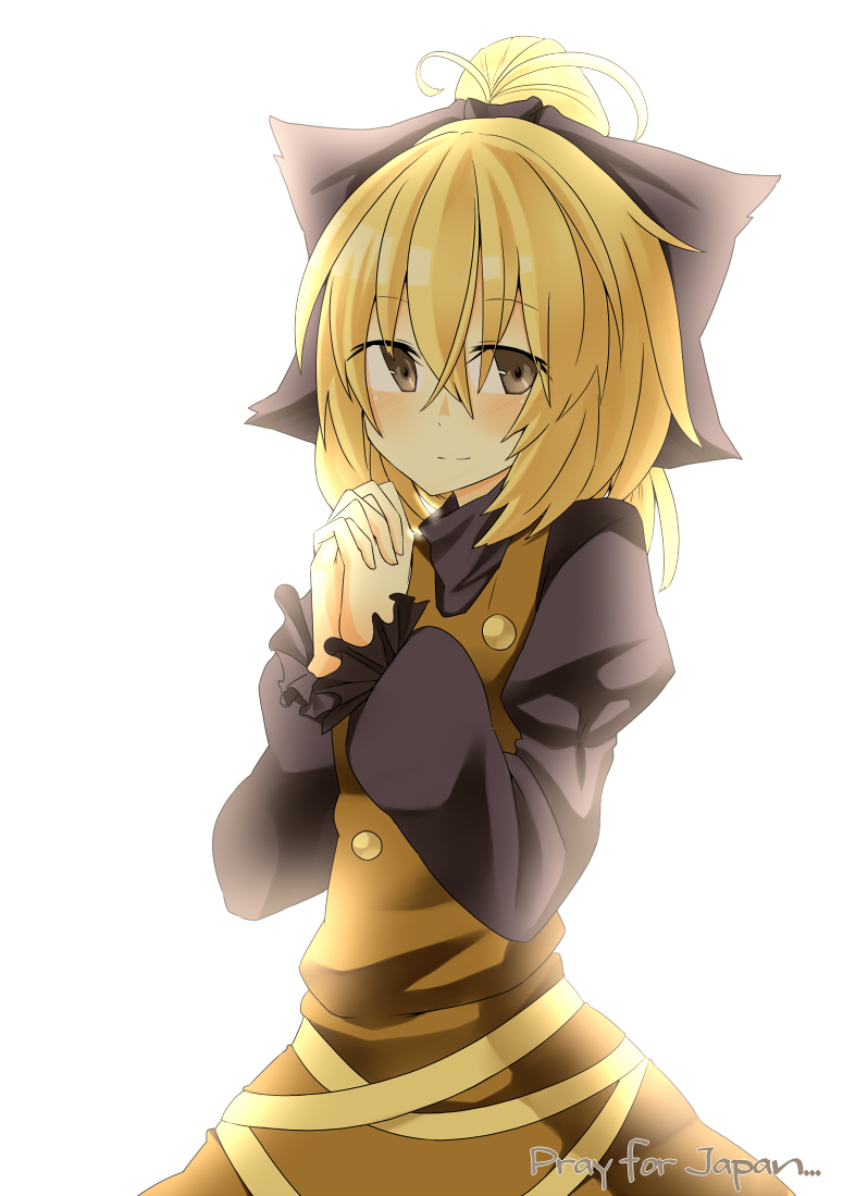 blonde_hair, bow, brown_eyes, dress, hair_bow, hands_clasped, kurodani_yamame, light_smile