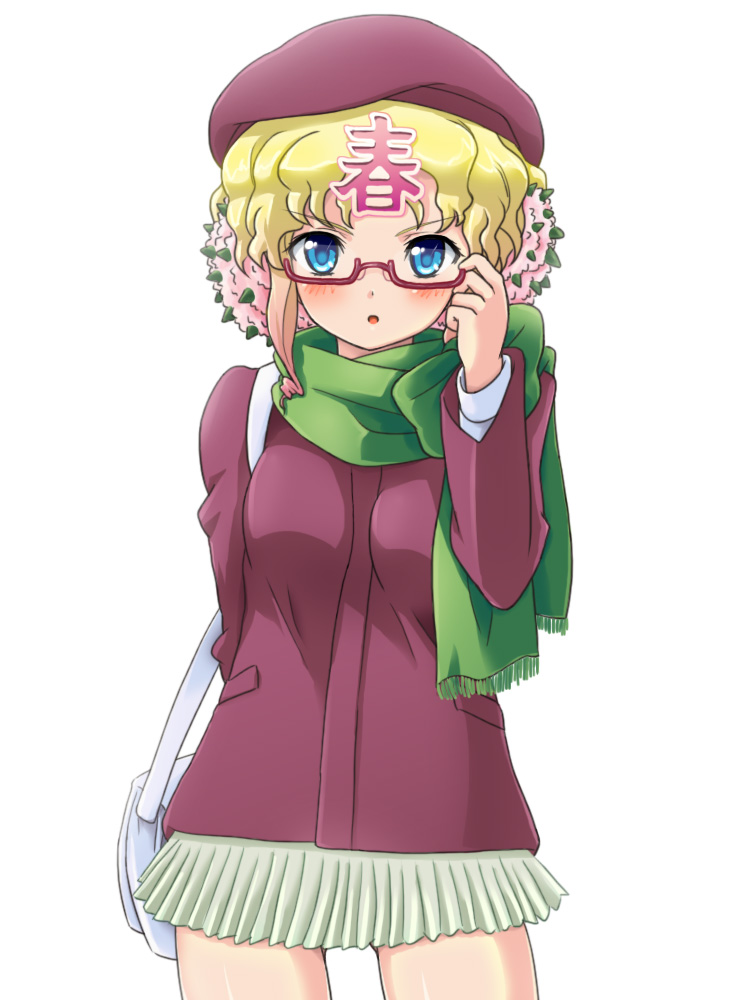 :o, bag, blonde_hair, blue_eyes, blush, coat, glasses, haru-chan