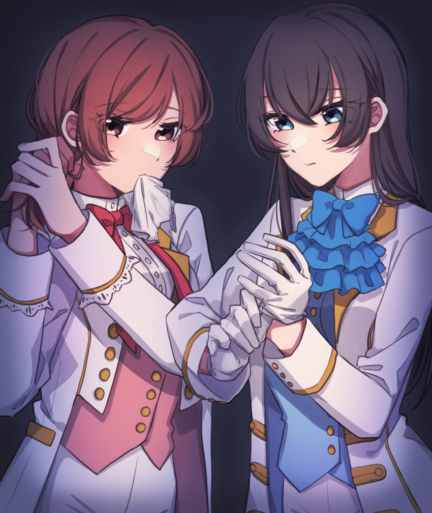 2girls, adjusting_clothes, adjusting_gloves, aijou_karen, ascot, blue_ascot, blue_bow, blue_bowtie