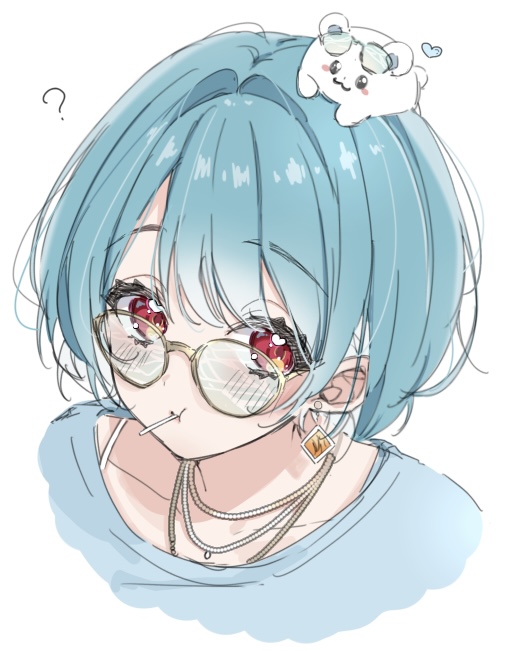 1girl, ?, blue_hair, blue_shirt, cropped_shoulders, earrings, glasses, jewelry