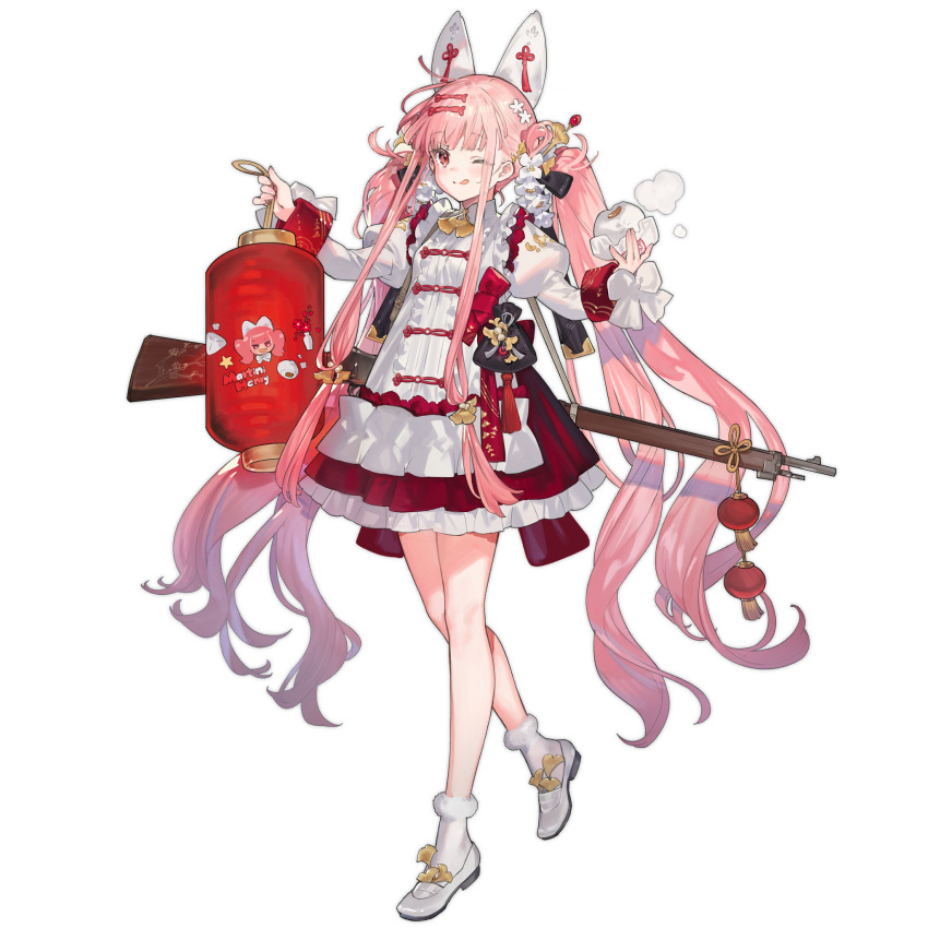 1girl, ;q, animal_ears, dress, dumpling, fake_animal_ears, flower, food, frilled_dress, frills, full_body, girls_frontline, gun, hair_flower, hair_ornament, highres, holding, holding_food, holding_lantern, lantern, long_hair, martini-henry, martini-henry_(crimson_lantern)_(girls'_frontline), martini-henry_(girls'_frontline), official_alternate_costume, official_art, one_eye_closed, paper_lantern, pink_eyes, pink_hair, puffy_sleeves, shoes, socks, solo, starshadowmagician, tongue, tongue_out, transparent_background, twintails, weapon, white_shoes, white_socks