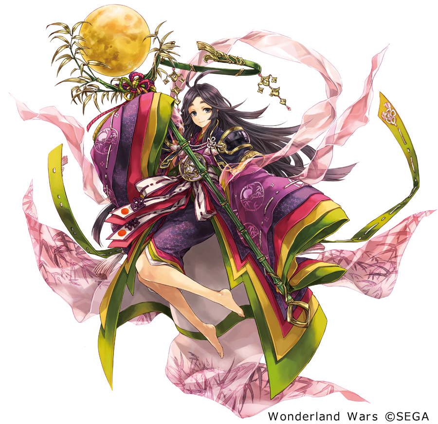1girl, antenna_hair, armor, bamboo, bamboo_print, barefoot, black_eyes, black_hair