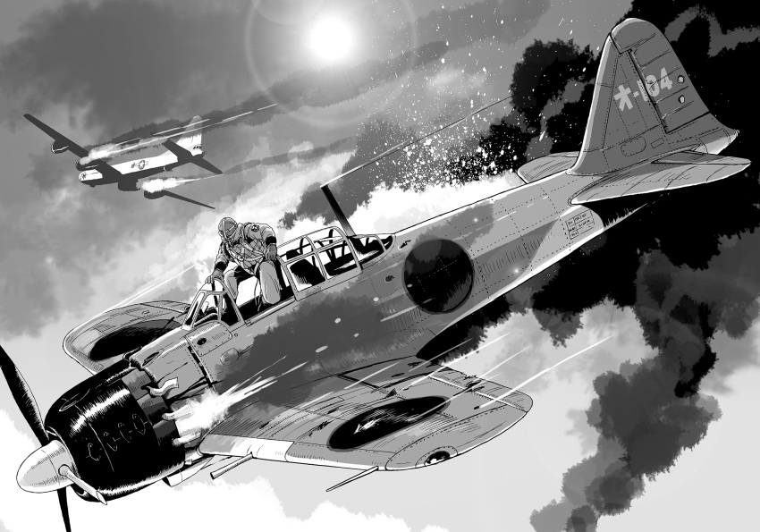 1boy, a6m_zero, aerial_battle, aircraft, airplane, b-29_superfortress, balaclava, battle