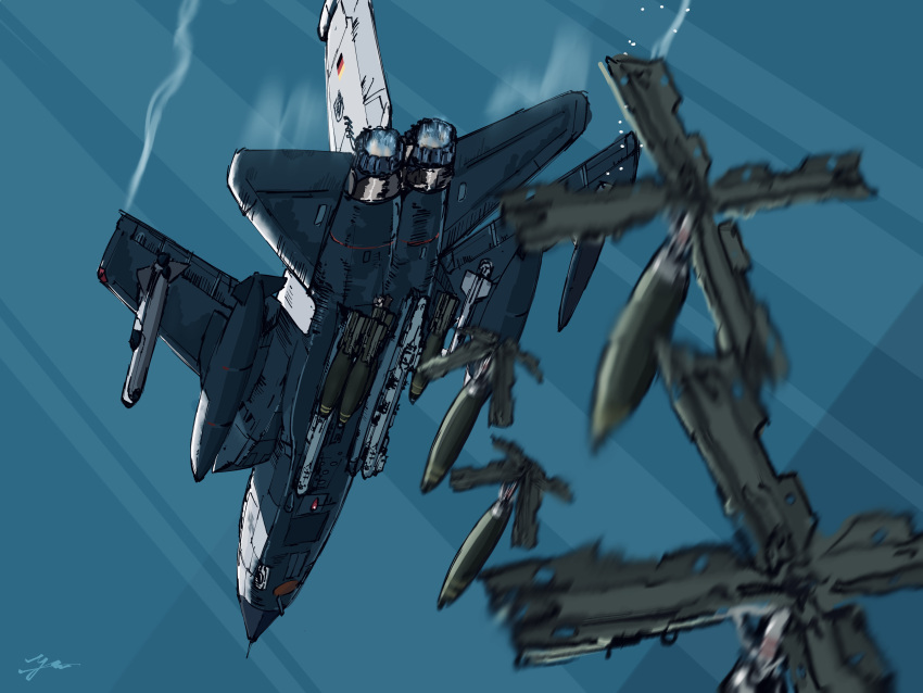 absurdres, aerial_bomb, aircraft, airplane, blue_sky, bomb, commentary_request, contrail
