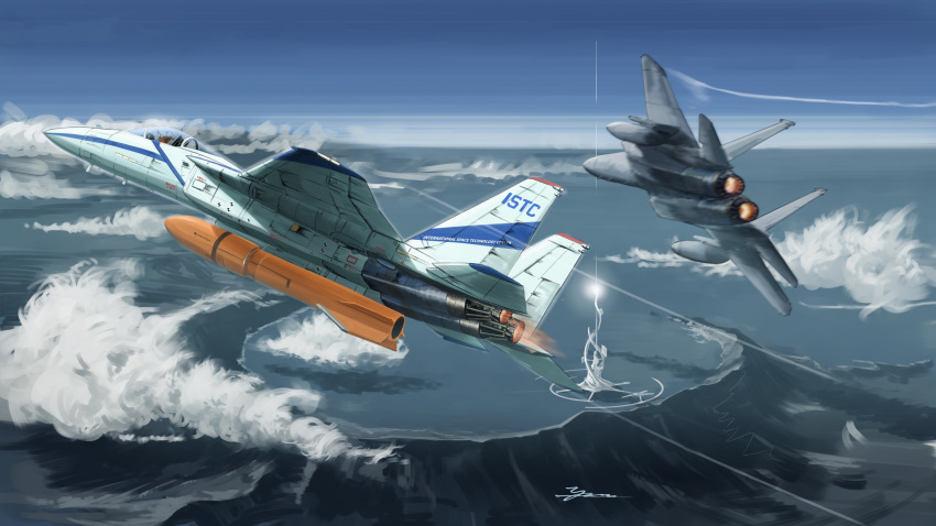 absurdres, ace_combat, aircraft, airplane, blue_sky, clouds, commentary_request, contrail