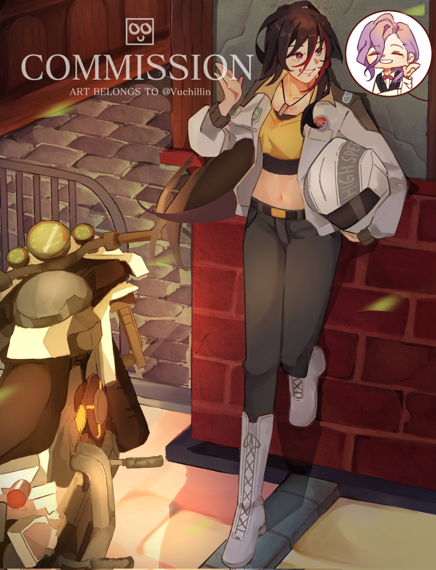 1boy, 1girl, black_hair, bluemishelam, boots, commission, crop_top, dog_tags