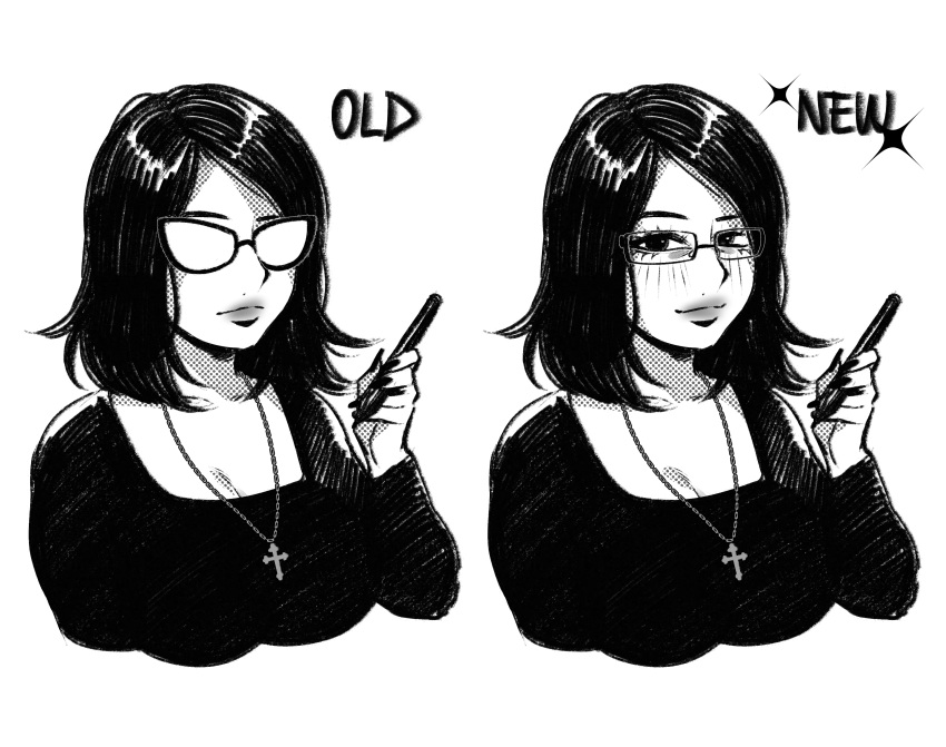 1girl, absurdres, before_and_after, cross, cross_necklace, english_text, glasses, greyscale, highres, holding, holding_pen, jewelry, long_hair, looking_at_viewer, monochrome, necklace, original, pen, simple_background, sketch, succuboos, white_background