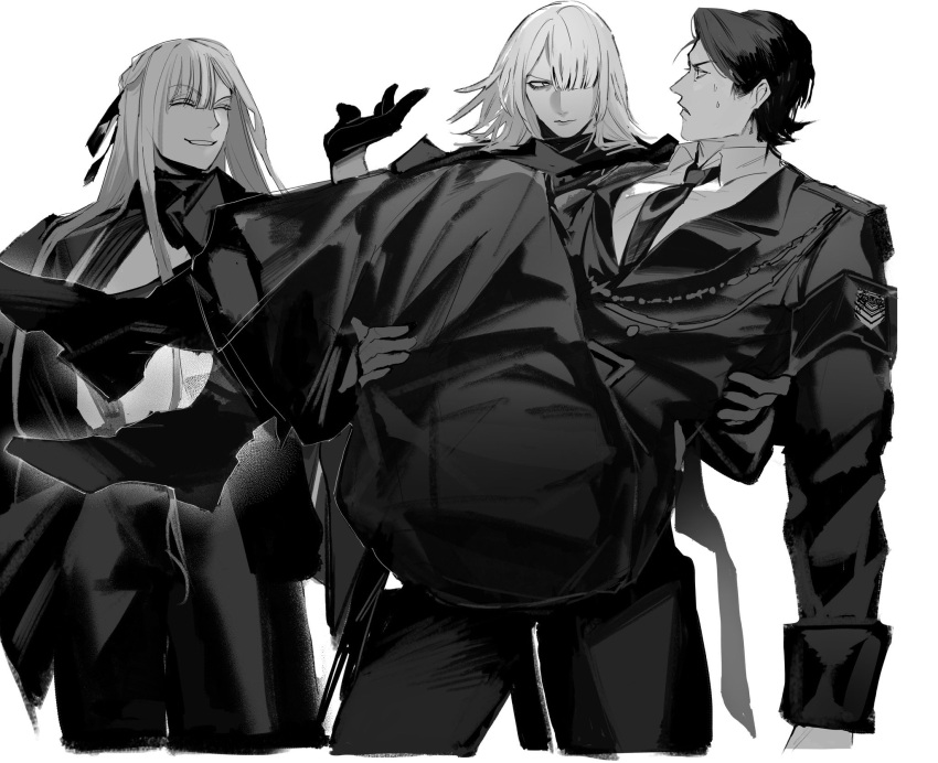 1boy, 2girls, ak-12_(girls'_frontline), ak-15_(girls'_frontline), black_hair, black_necktie, closed_eyes, commander_(girls'_frontline)