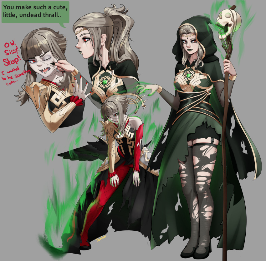 2girls, alternate_costume, black_lips, cheek_pinching, circle, demdeet, fire_emblem, fire_emblem_heroes, grey_hair, highres, hood, hooded_jacket, jacket, letizia_(fire_emblem), lipstick, long_hair, makeup, multiple_girls, multiple_views, necromancer, pinching, ponytail, red_eyes, short_hair, short_hair_with_long_locks, stitched_face, stitches, thigh-highs, torn_clothes, torn_thighhighs, veronica_(fire_emblem)