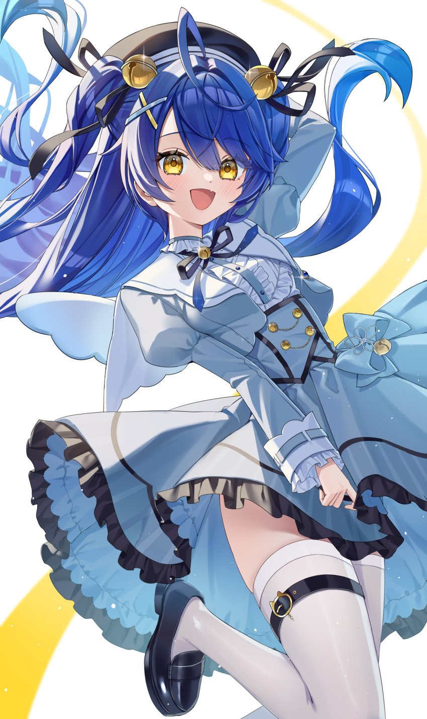 1girl, absurdres, ahoge, amamiya_kokoro, angel_wings, arm_up, bell, beret