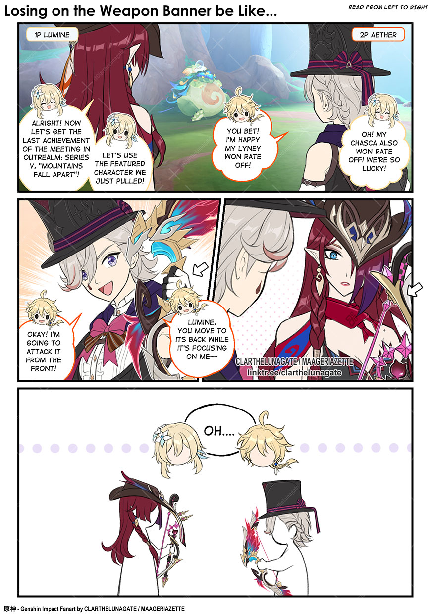 2boys, 2girls, aether_(genshin_impact), artist_name, blue_eyes, bow, chasca_(genshin_impact), clarthelunagate