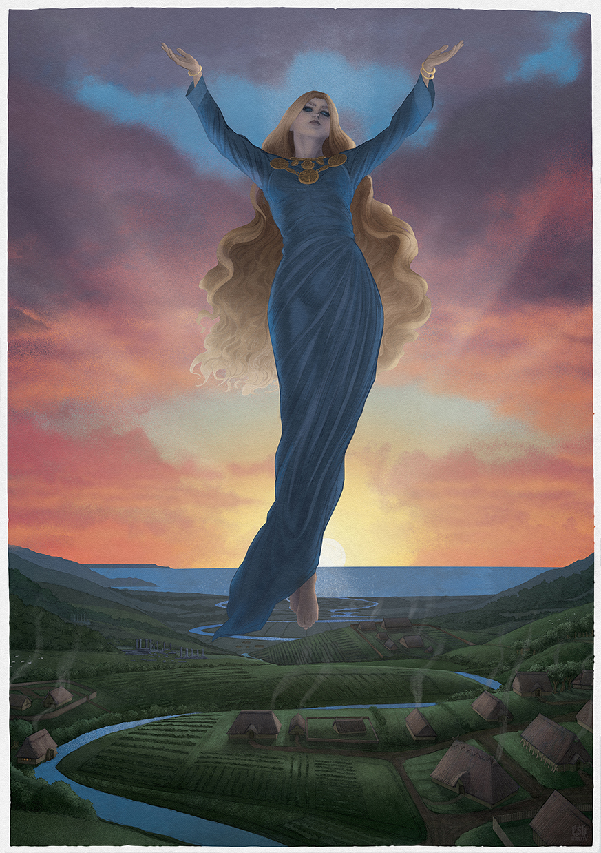 1girl, armlet, barefoot, blonde_hair, blue_dress, blue_eyes, christian_sloan_hall, clouds