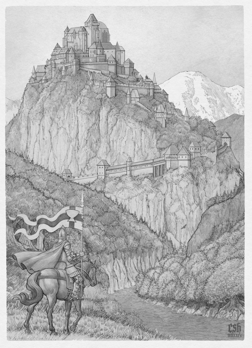 1boy, armor, arthurian_legend, artist_name, castle, chalice, christian_sloan_hall, cup