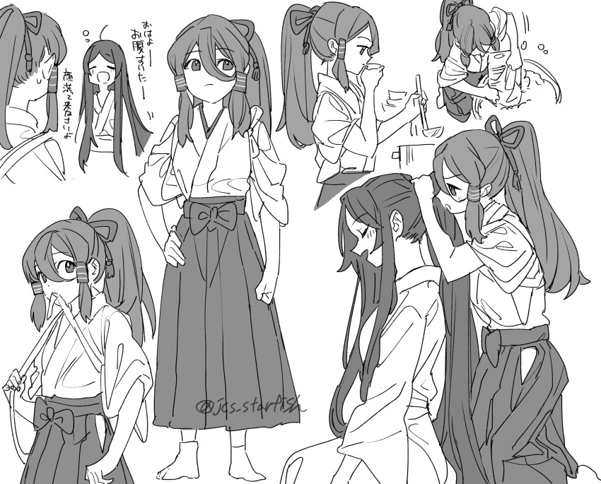 2girls, commentary_request, cooking, cooking_pot, from_side, gensokyo's_first_hakurei_miko, hair_ribbon, hair_tubes, hakama, hakama_skirt, hand_on_own_hip, highres, holding, holding_ladle, japanese_clothes, kimono, ladle, long_hair, long_sleeves, mero_(starfish_jcs), miyadeguchi_mizuchi, miyadeguchi_mizuchi_(human), monochrome, multiple_girls, multiple_views, open_mouth, pleated_skirt, ponytail, ribbon, skirt, squeans, tasting, touhou, twitter_username, tying_another's_hair, very_long_hair, waking_up, washboard, washing_clothes, white_background