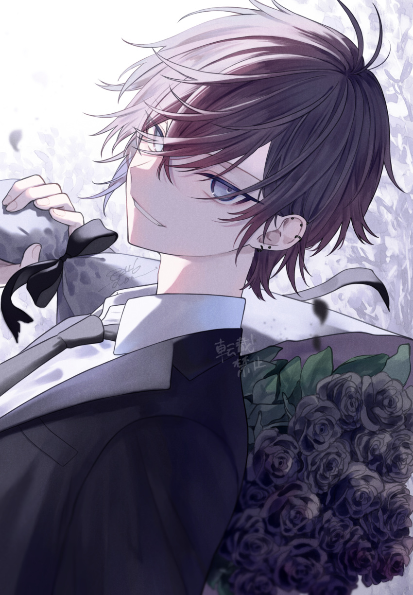 1boy, black_flower, black_jacket, black_necktie, black_rose, bouquet, brown_hair, collared_shirt, commentary_request, dutch_angle, earrings, film_grain, flower, grey_eyes, grin, hair_between_eyes, highres, holding, holding_bouquet, jacket, jewelry, lapels, male_focus, muta_(82y_46p), necktie, notched_lapels, original, rose, shirt, short_hair, smile, solo, stud_earrings, upper_body, white_shirt