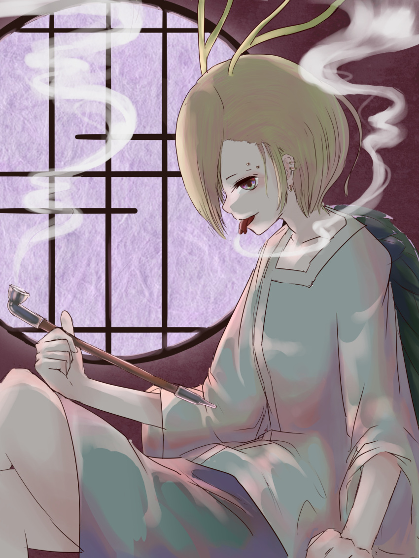 1girl, antlers, blonde_hair, blue_shirt, dragon_girl, dragon_horns, from_side, green_scales