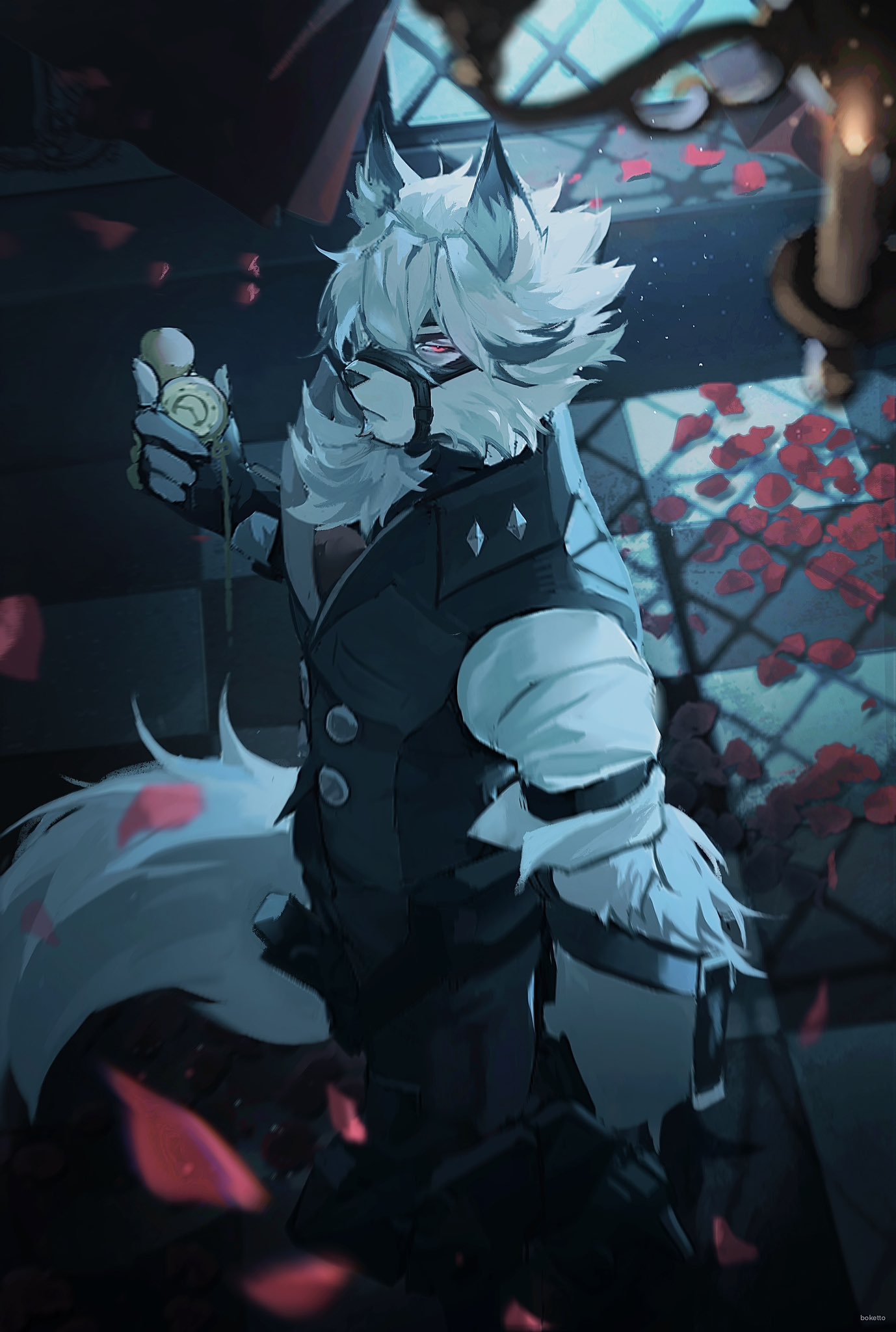 1boy, animal_ears, bicep_strap, boketto_x, chandelier, checkered_floor, closed_mouth, colored_tips