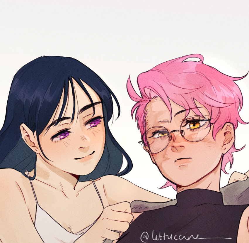 2girls, alien_stage, burn_scar, closed_mouth, commentary, crop_top, cropped, english_commentary