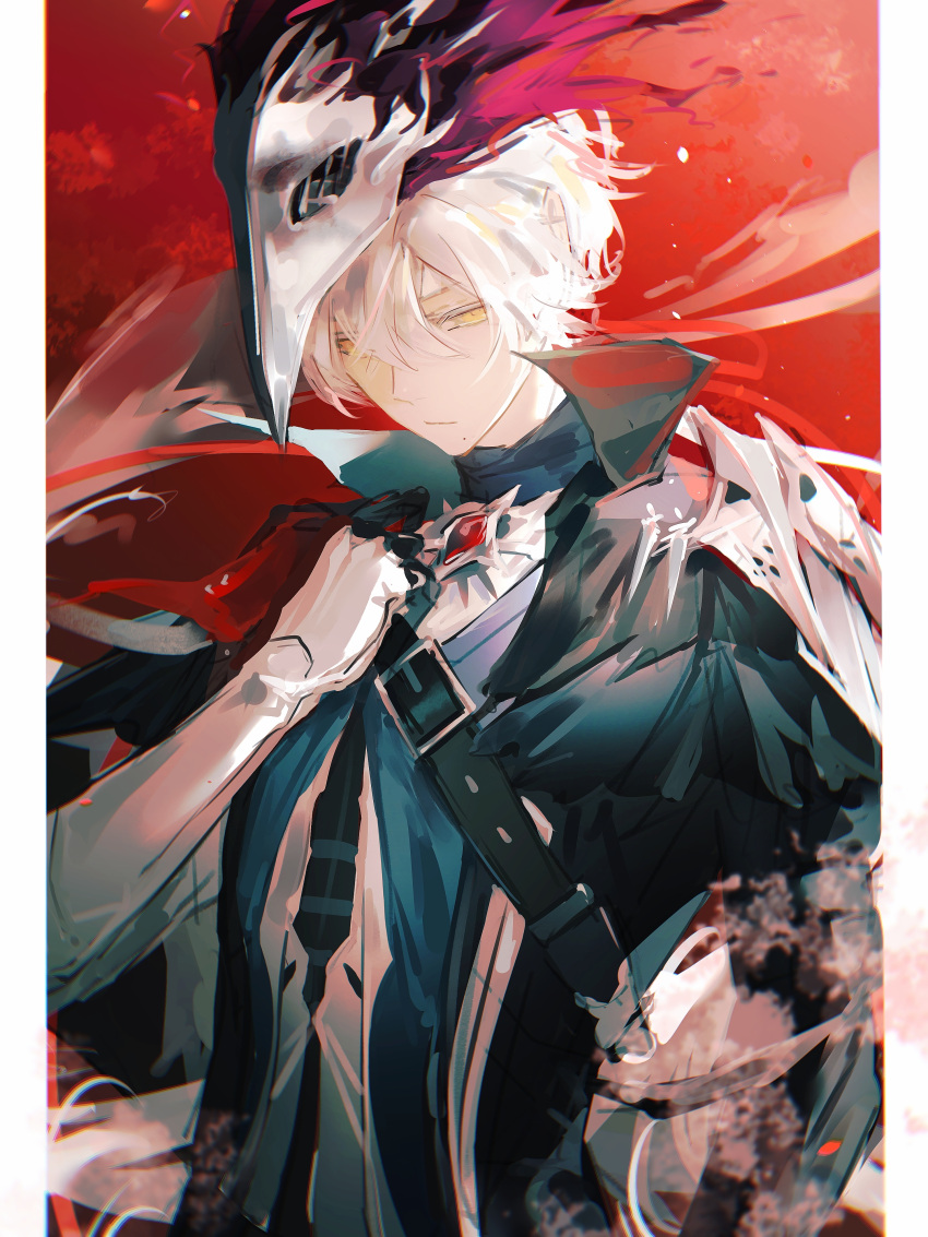 1boy, absurdres, alternate_costume, belt, black_belt, black_jacket, check_clothing, chest_belt