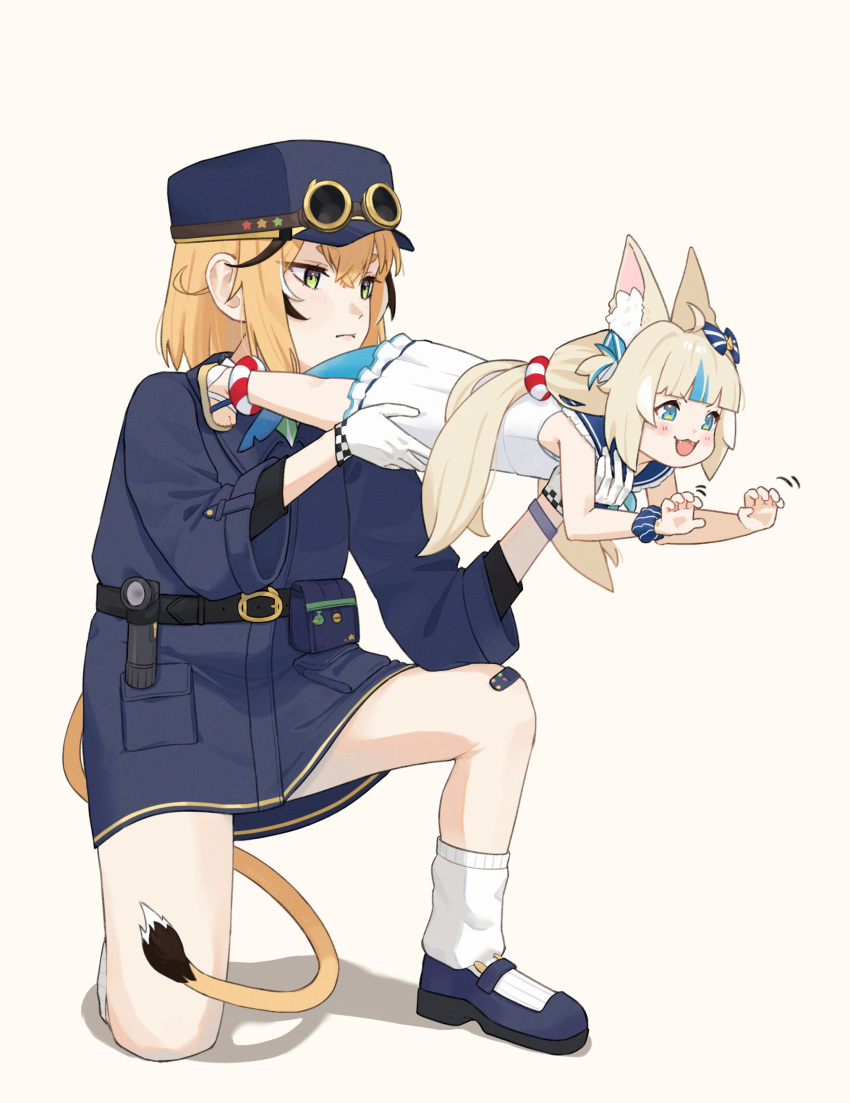 2girls, :3, :d, absurdres, animal_ear_fluff, animal_ears, bandaid, bandaid_on_knee, bandaid_on_leg, bare_arms, belt, belt_pouch, black_shoes, blonde_hair, blue_eyes, blue_hair, blue_sailor_collar, blunt_bangs, bow, cat_ears, commentary, dooby_(vtuber), dress, english_commentary, fins, fish_tail, green_eyes, hair_bow, hat, highres, holding, holding_mini_person, indie_virtual_youtuber, innertube_hair_ornament, jerboa_tail, laser_cats_(meme), long_hair, low_twintails, mary_janes, meme, mini_person, minigirl, multicolored_hair, multiple_girls, on_one_knee, one_side_up, pouch, sailor_collar, sailor_dress, sameko_saba, sandals, scrunchie, senotori, shoes, short_hair, simple_background, size_difference, sleeveless, sleeveless_dress, smile, socks, streaked_hair, tail, tail_tuft, twintails, two-tone_hair, virtual_youtuber, white_background, white_dress, white_socks, wrist_scrunchie, wristband