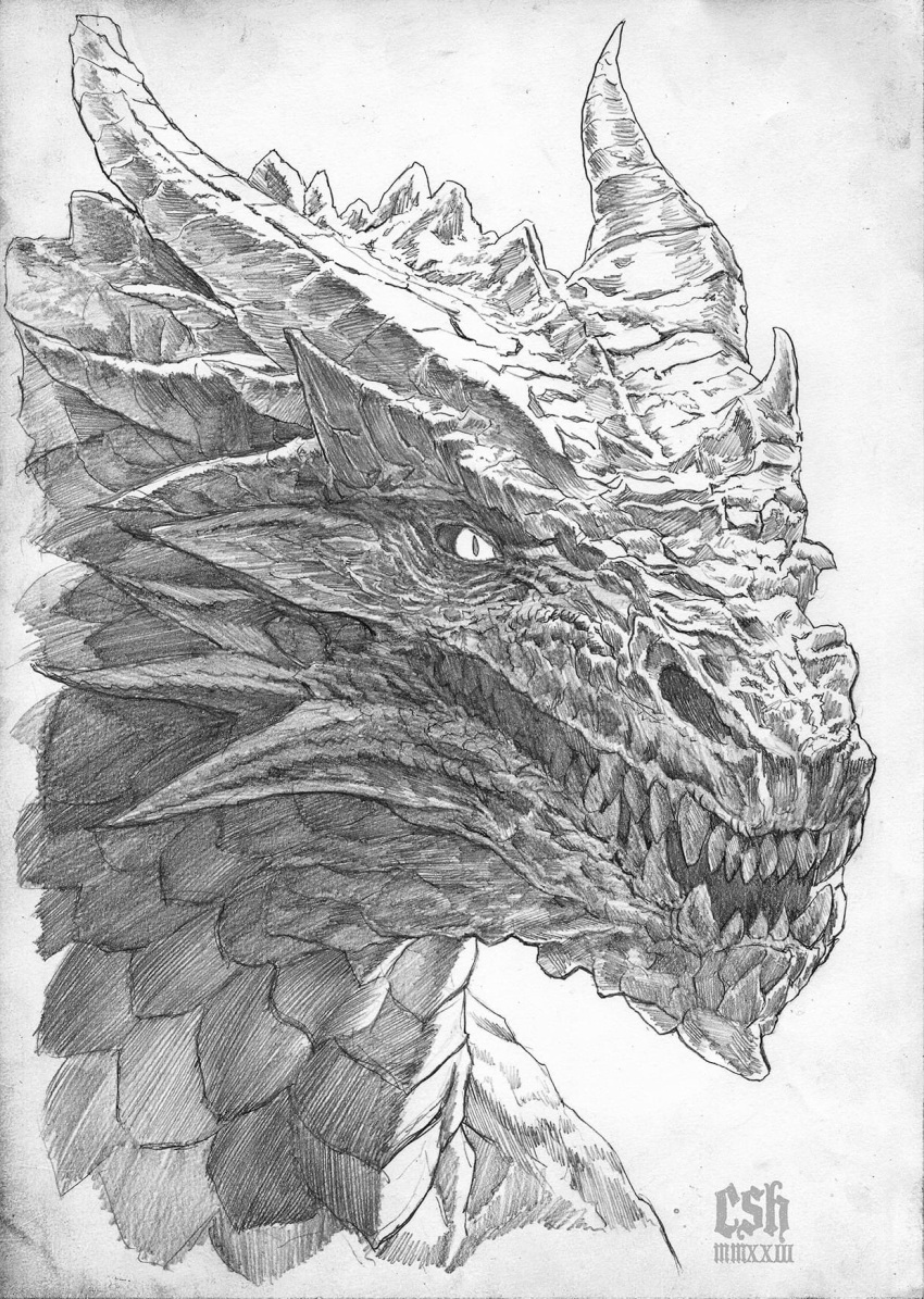 artist_name, christian_sloan_hall, dragon_horns, fafnir_(nibelungenlied), graphite_(medium), highres, horns, monster
