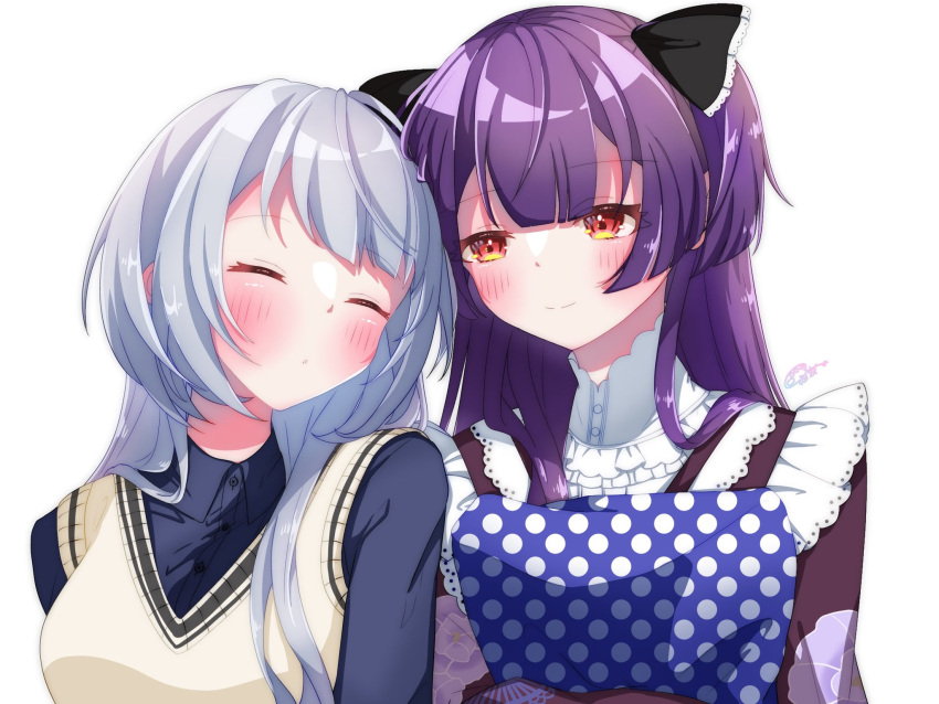2girls, apron, black_bow, black_ribbon, blunt_bangs, blush, bow, closed_eyes