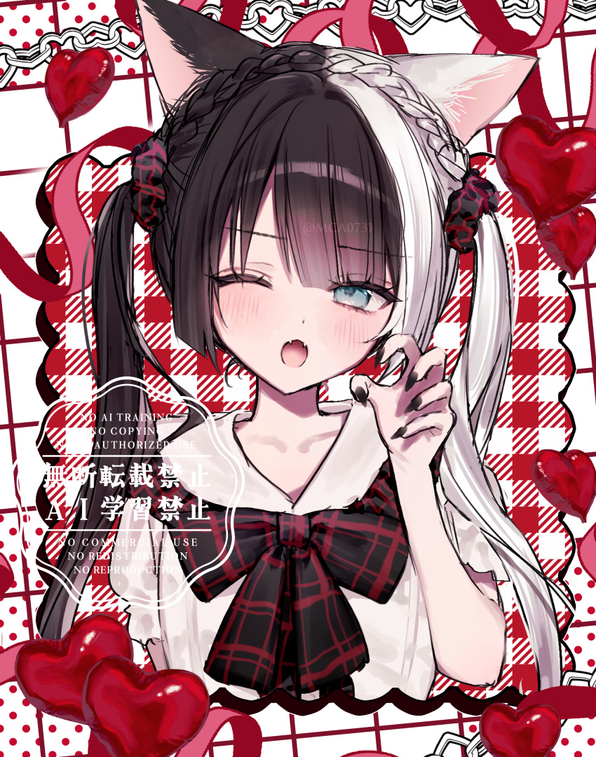 1girl, absurdres, animal_ears, artist_name, black_hair, black_hairband, black_nails, black_ribbon