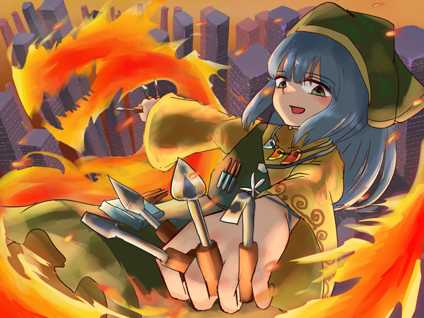 1girl, apron, aura, between_fingers, blue_hair, chisel, cityscape, dress