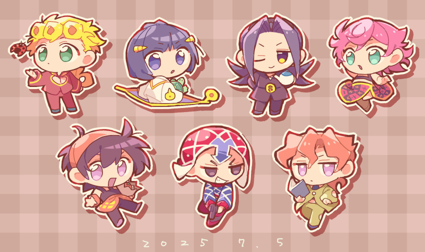 6+boys, animal, argyle_clothes, argyle_hat, argyle_sweater, black_coat, black_eyes, black_hair, black_necktie, black_pants, blonde_hair, blue_sweater, bruno_bucciarati, bug, chibi, chibi_only, clothing_cutout, coat, coco_jumbo, commentary_request, dated, giorno_giovanna, green_eyes, green_jacket, green_pants, guido_mista, gun, hair_between_eyes, hat, headband, highres, holding, holding_animal, holding_gun, holding_teapot, holding_turtle, holding_weapon, jacket, jojo_no_kimyou_na_bouken, ladybug, leone_abbacchio, long_hair, long_skirt, male_focus, multiple_boys, narancia_ghirga, necktie, one_eye_closed, orange_hair, orange_headband, orange_skirt, pannacotta_fugo, pants, pink_hair, pink_jacket, pink_pants, pink_skirt, red_hat, red_pants, rizometa28, short_hair, skirt, sweater, teapot, trish_una, vento_aureo, violet_eyes, weapon, white_jacket, zipper_pull_tab