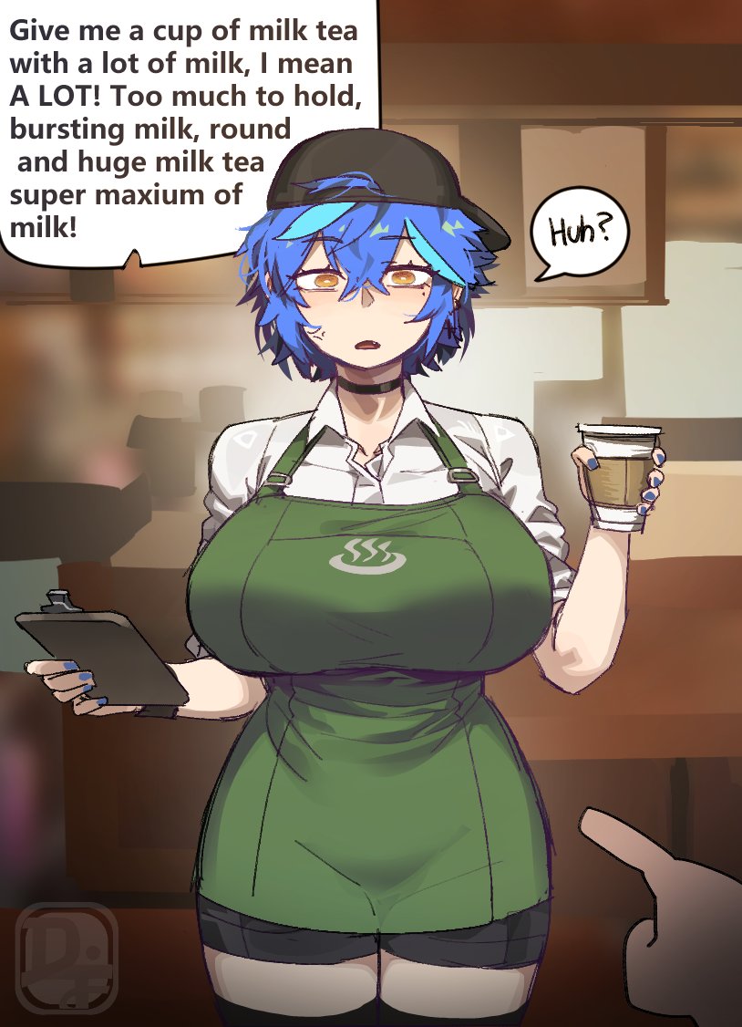 1girl, apron, aqua_hair, backwards_hat, baseball_cap, blue_hair, breasts, commentary
