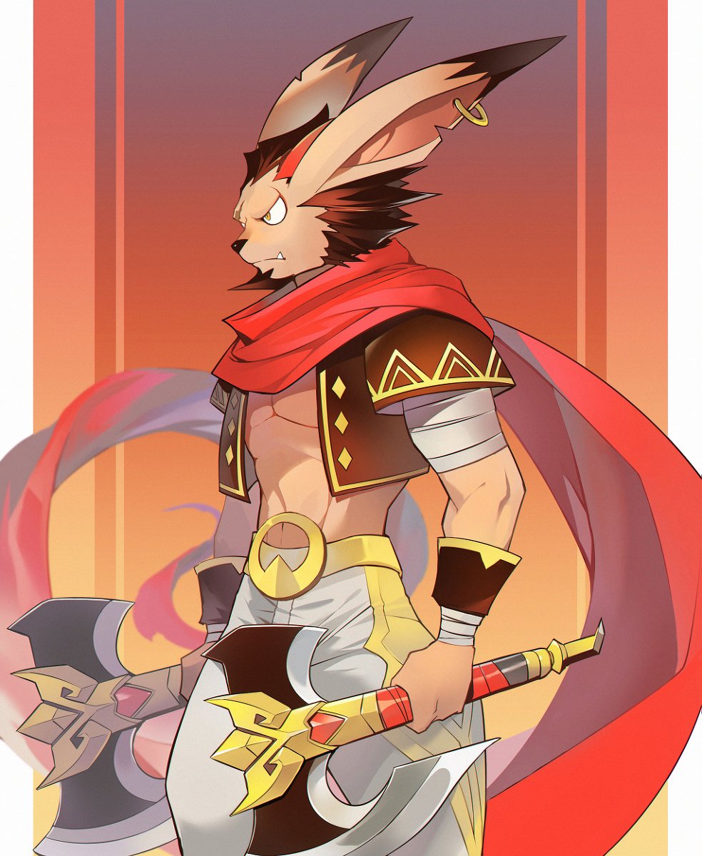 1boy, abs, afk_(series), afk_arena, animal_ears, axe, closed_mouth, commentary_request