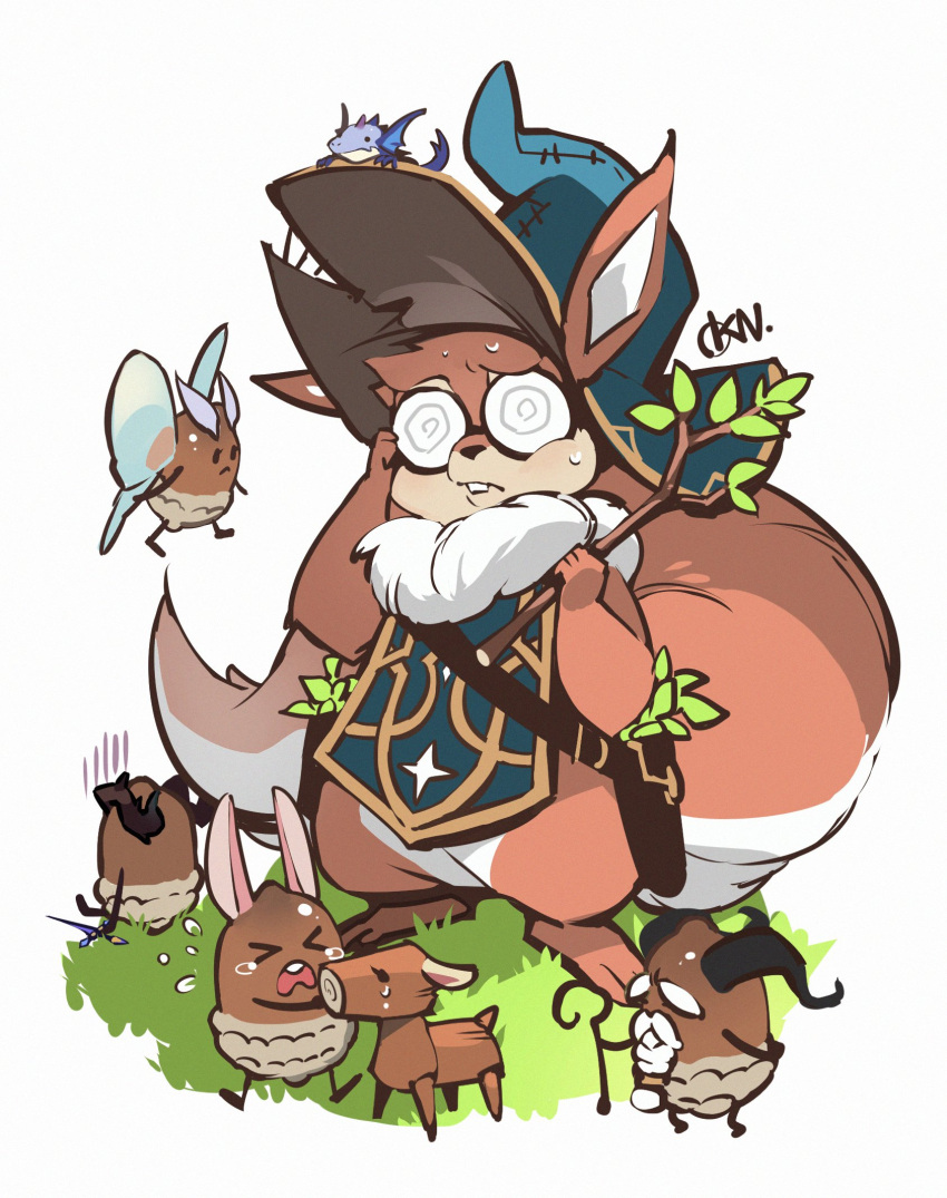 1girl, afk_(series), afk_arena, animal_ears, artist_name, barefoot, buck_teeth, closed_mouth, commentary_request, furry, furry_female, highres, holding, holding_stick, okn_369, on_grass, pippa_(afk), round_eyewear, squirrel_ears, squirrel_girl, squirrel_tail, stick, sweat, tail, teeth, white_background