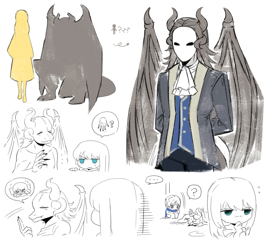 1girl, 2boys, arms_behind_back, ascot, asdf1211950, beast_adam_(black_souls), beauty_la_belle_(black_souls), black_pants