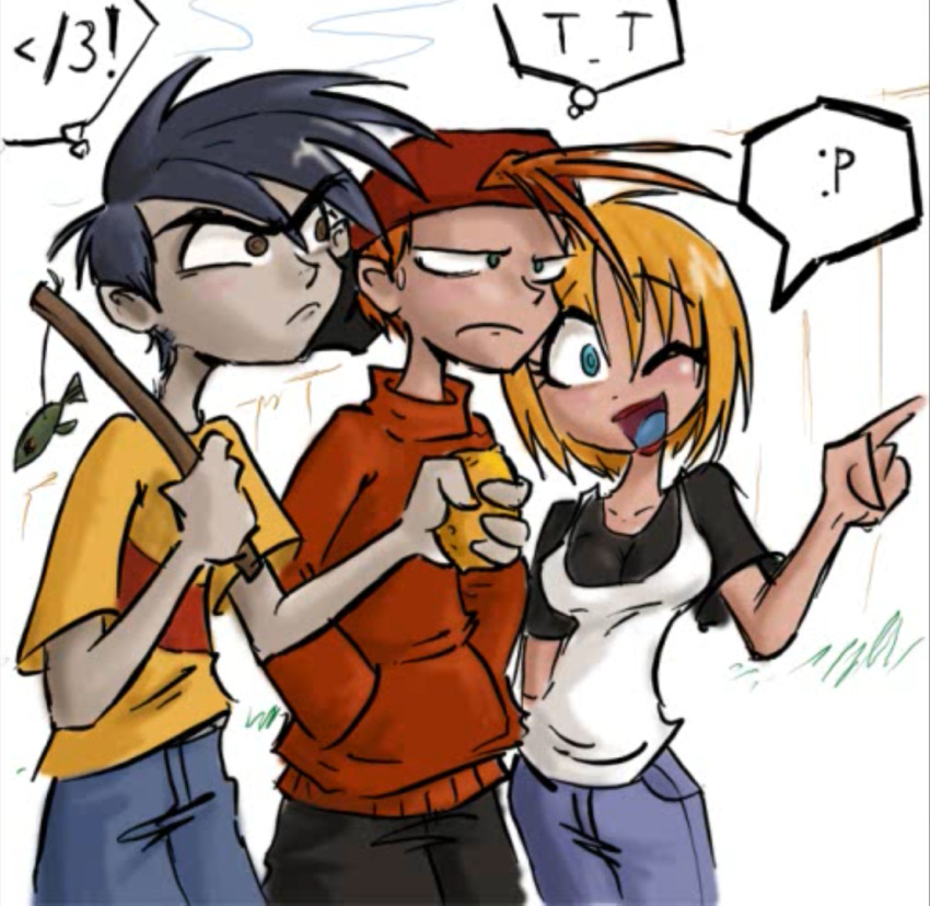 1girl, 2boys, baseball_cap, blonde_hair, blue_hair, brown_eyes, cartoon_network, deviantart, ed_edd_n_eddy, fish, food, fruit, hat, holding, holding_food, holding_fruit, hot-choc, kevin_(ed_edd_n_eddy), lemon, multiple_boys, nazz_(ed_edd_n_eddy), orange_hair, rolf_(ed_edd_n_eddy), smile, stick, white_background