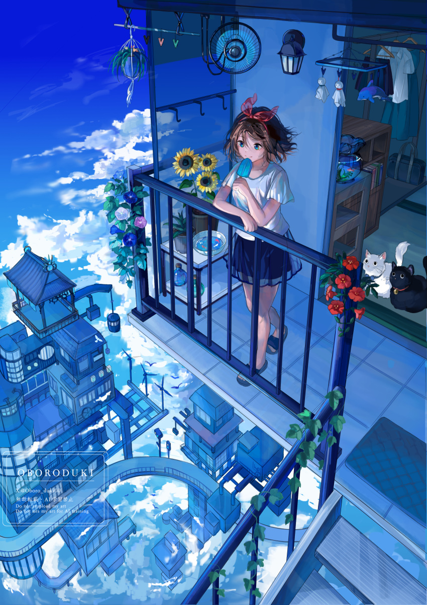 1girl, above_clouds, absurdres, animal, aqua_dress, architecture, artist_name, bag