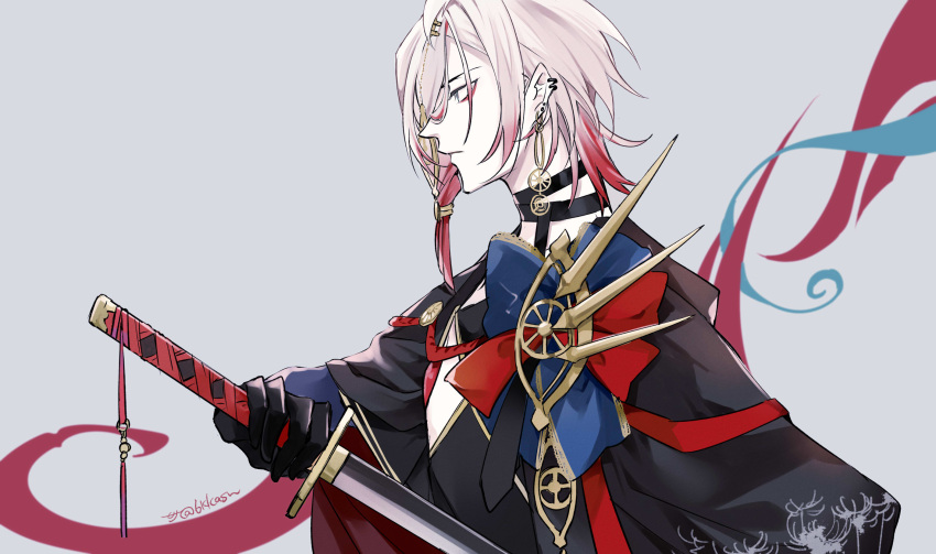 1boy, blue_eyes, cape, earrings, eyeshadow, eyeshadow_under_eye, fate/grand_order, fate_(series), gradient_hair, grey_background, hair_ornament, hair_over_one_eye, highres, holding, holding_sword, holding_weapon, jewelry, karna_(fgo_fes._2025)_(fate), katana, makeup, male_focus, medium_hair, multicolored_hair, multiple_earrings, pale_skin, profile, red_eyeshadow, red_hair, rokkasana, solo, sword, upper_body, weapon, white_hair