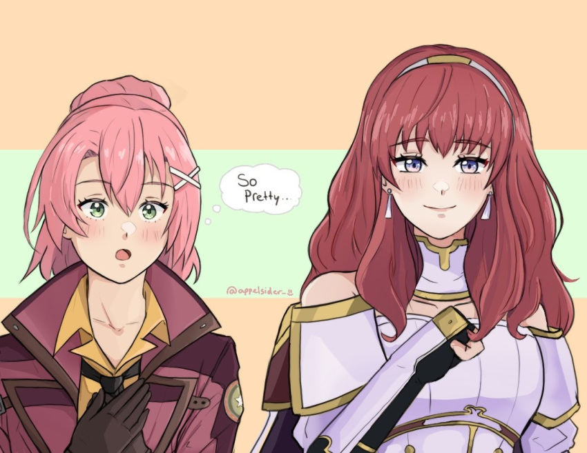 2girls, appelsider, armor, breastplate, cape, celica_(fire_emblem), choker, dress, earrings, eiyuu_densetsu, fingerless_gloves, fire_emblem, fire_emblem_echoes:_shadows_of_valentia, gloves, green_eyes, jacket, jewelry, juna_crawford, long_hair, multiple_girls, necktie, orange_shirt, pink_hair, princess, red_hair, sen_no_kiseki_(series), sen_no_kiseki_iv, shirt, speech_bubble, tiara, touyama_nao, violet_eyes, voice_actor_connection, white_armor, white_dress