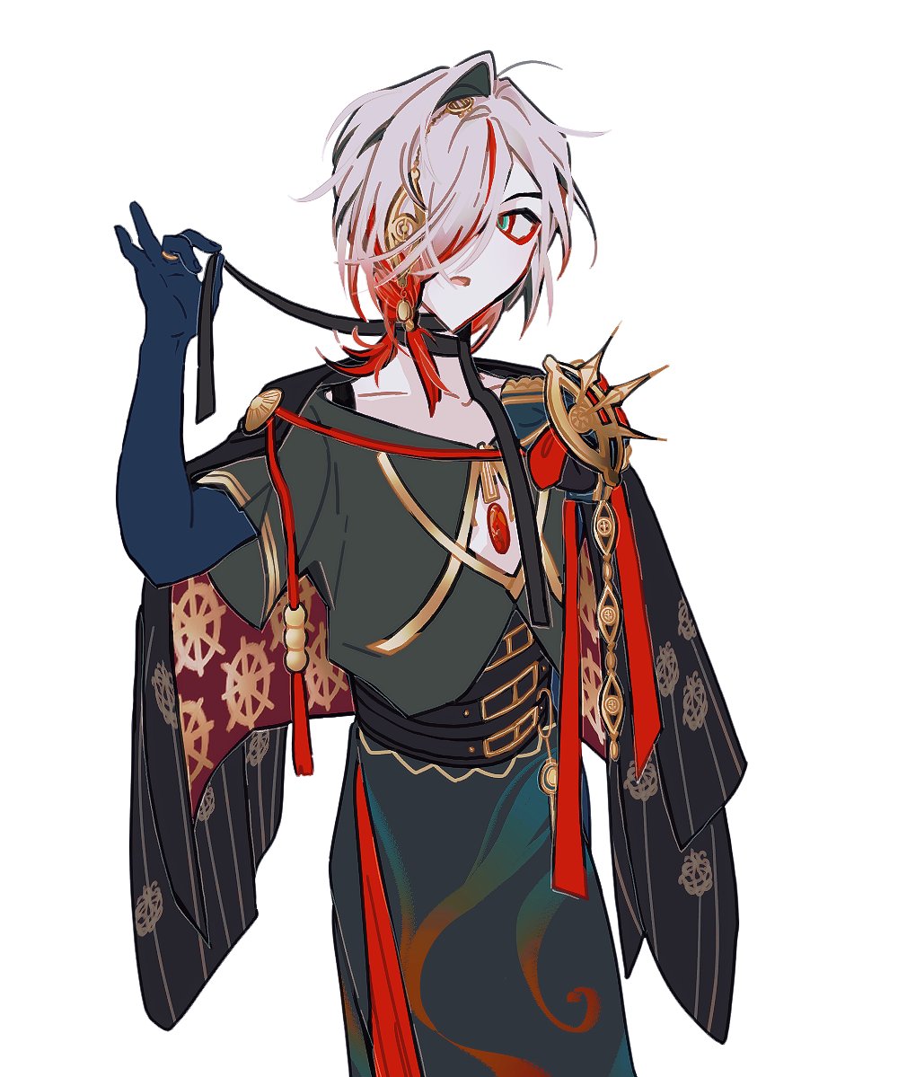 1boy, beershfghk, blue_eyes, cape, chest_jewel, corset, cowboy_shot, eyeshadow